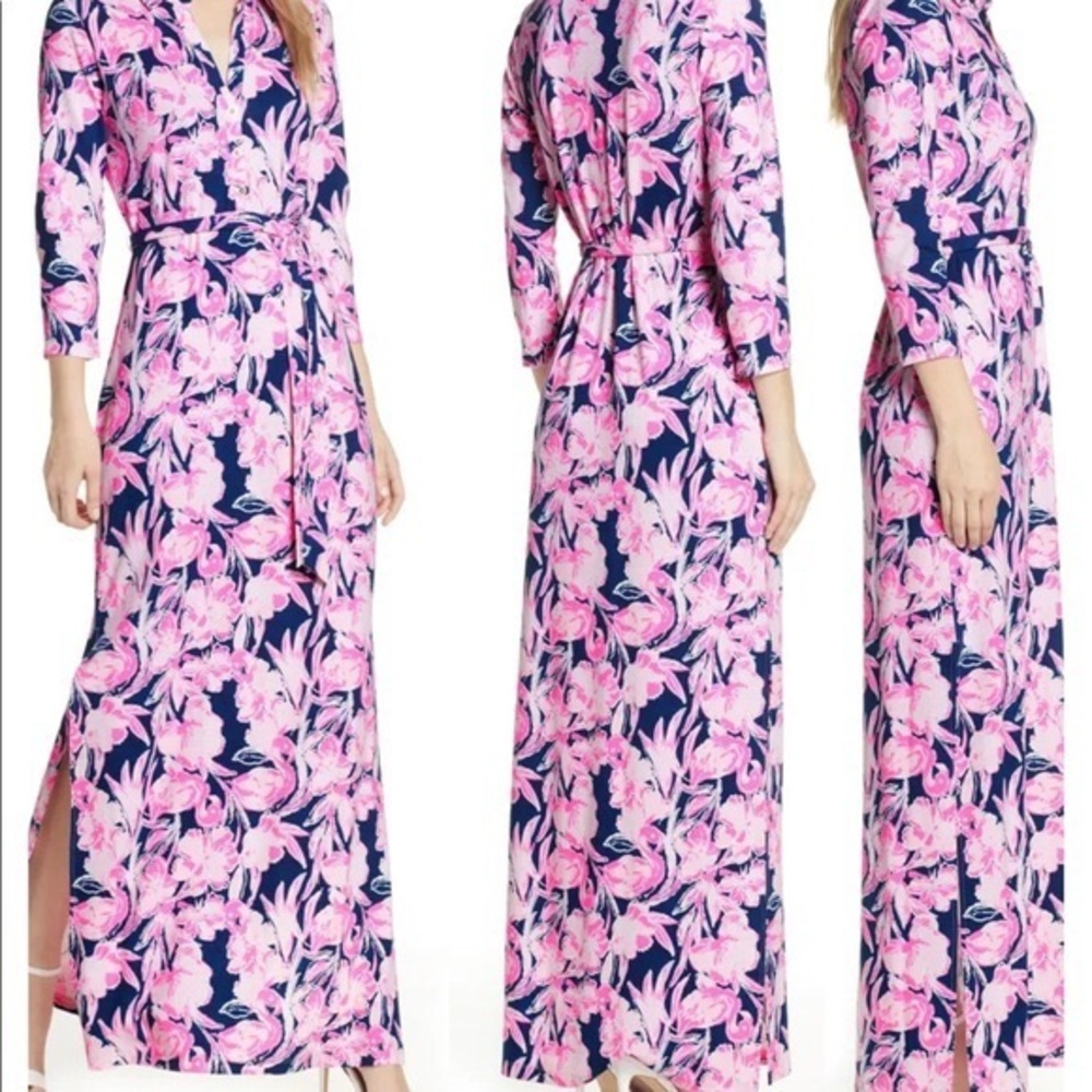 Lilly Pulitzer RARE HOLLOWAY MAXI DRESS Inky Navy Flamingle Pink Size XL